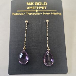 14K Solid Yellow Gold Semiprecious Amethyst Drop Earrings -